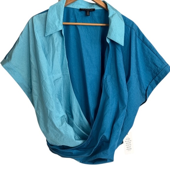 Eloquii wrap blouse deep v neck gathered plunge collar color block NEW blue 24 - Picture 3 of 6